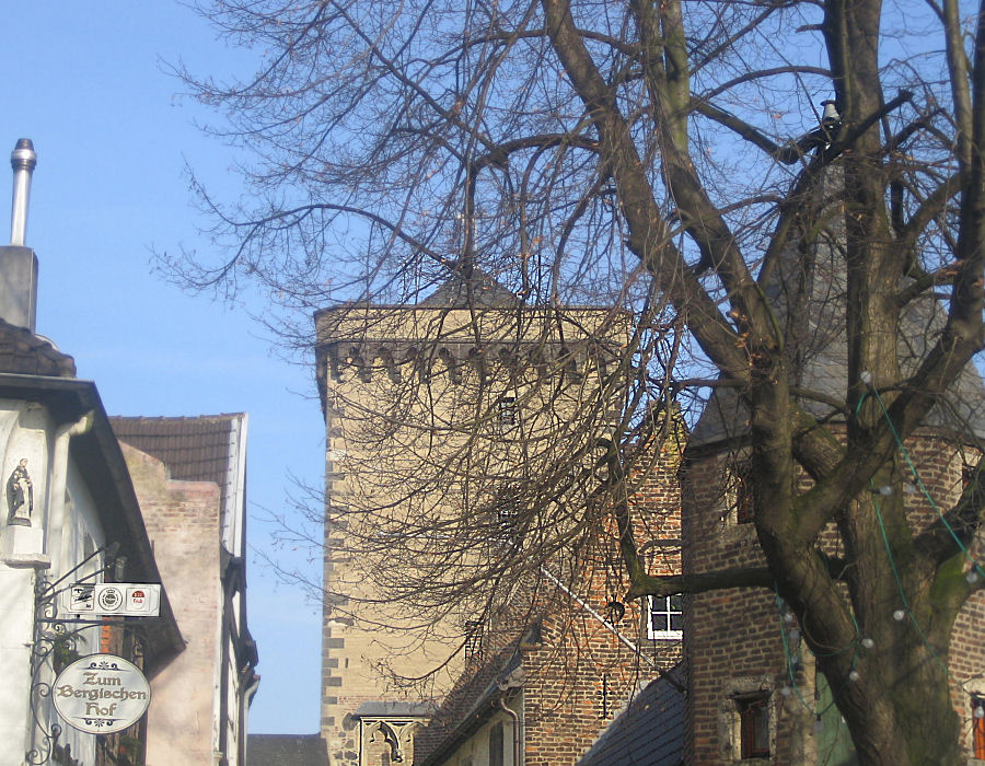 Rheinturm mit Pfefferbüchse und alten Häusern